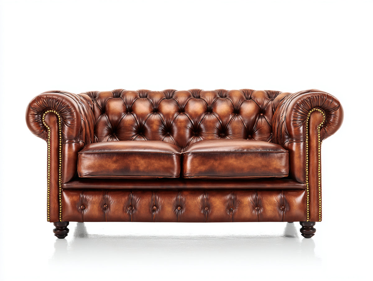Sofás 2 plazas de cuero 175x95x80 cm - marrón coñac - estilo Chesterfield con capitoné y reposabrazos enrollados