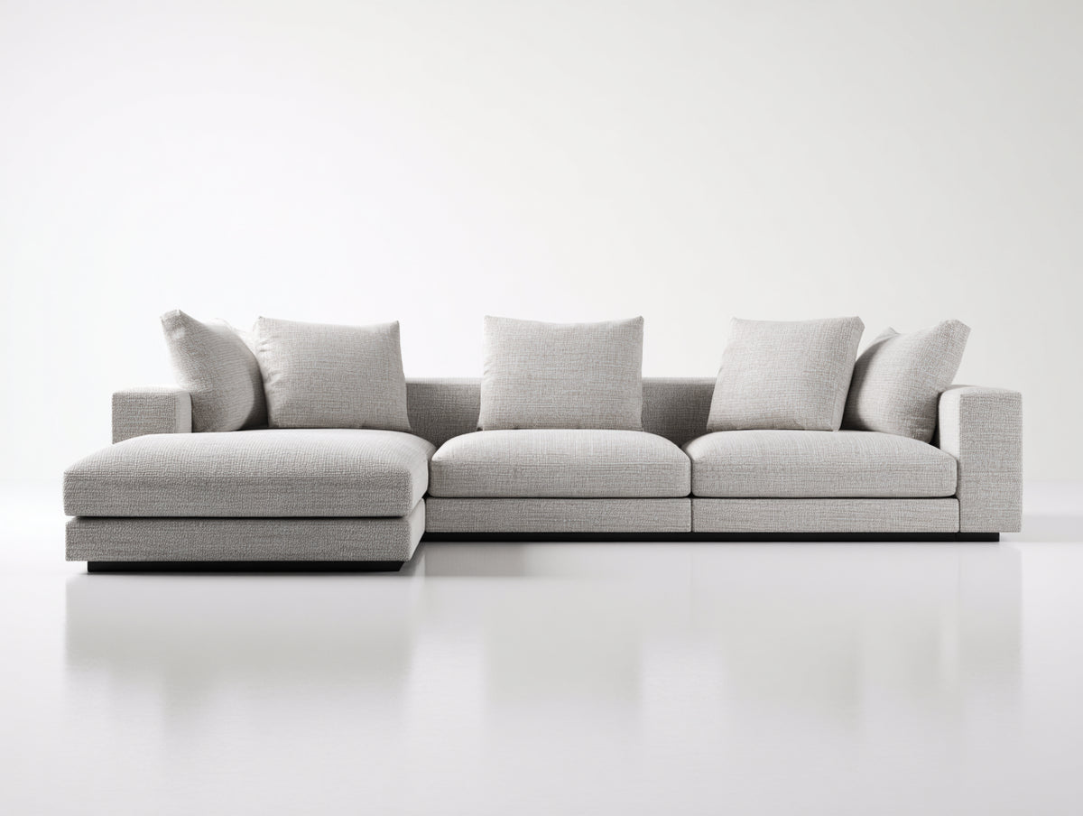 Sofás de esquina tapizado en tela 295x225x84 cm - gris claro - diseño moderno con chaise longue