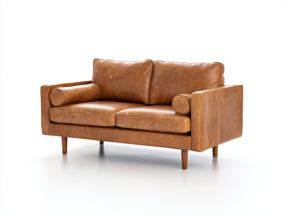 Sofás 2 plazas de cuero 170 x 88 x 82 cm - Marrón caramelo - Diseño moderno con brazos rectos y patas de madera