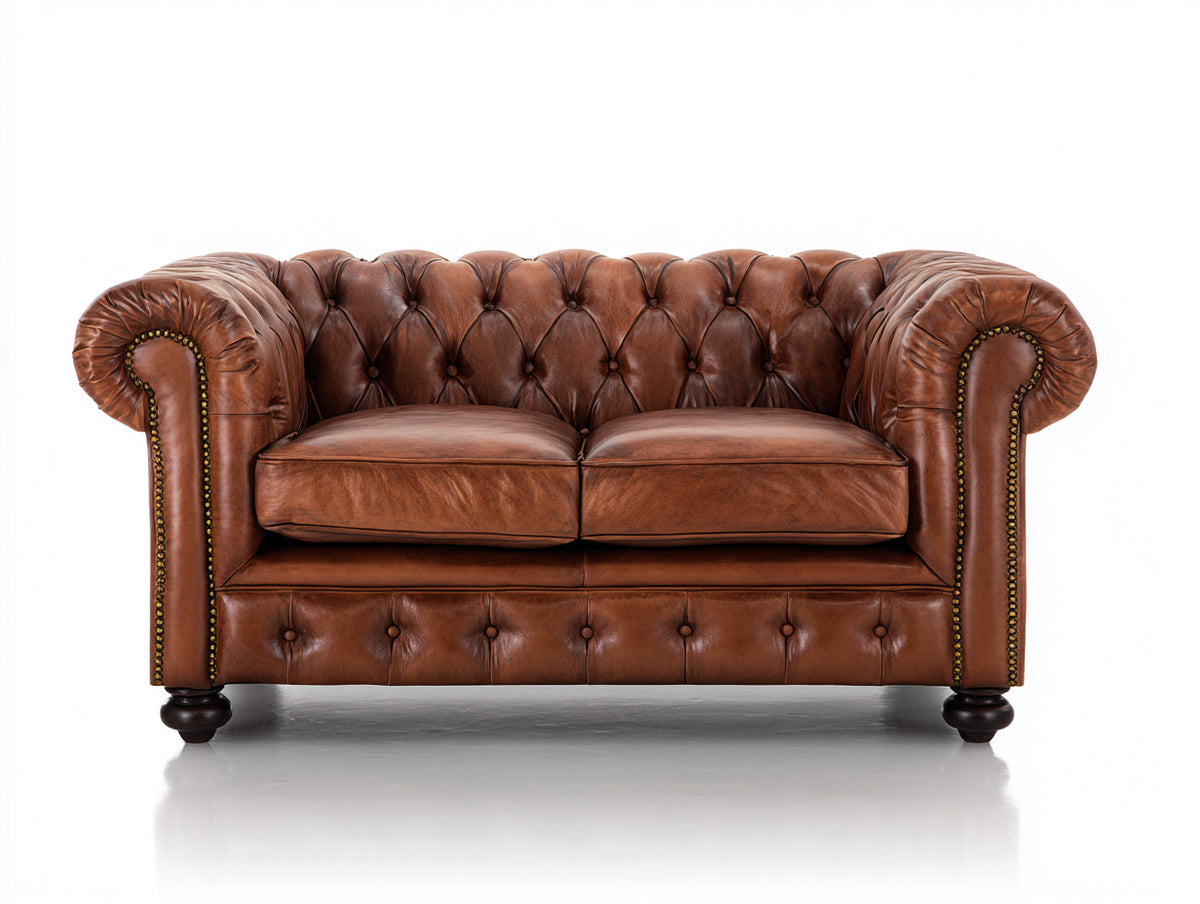 Sofás 2 plazas de cuero 165 x 90 x 78 cm - Marrón coñac - Diseño Chesterfield con capitoné y brazos enrollados
