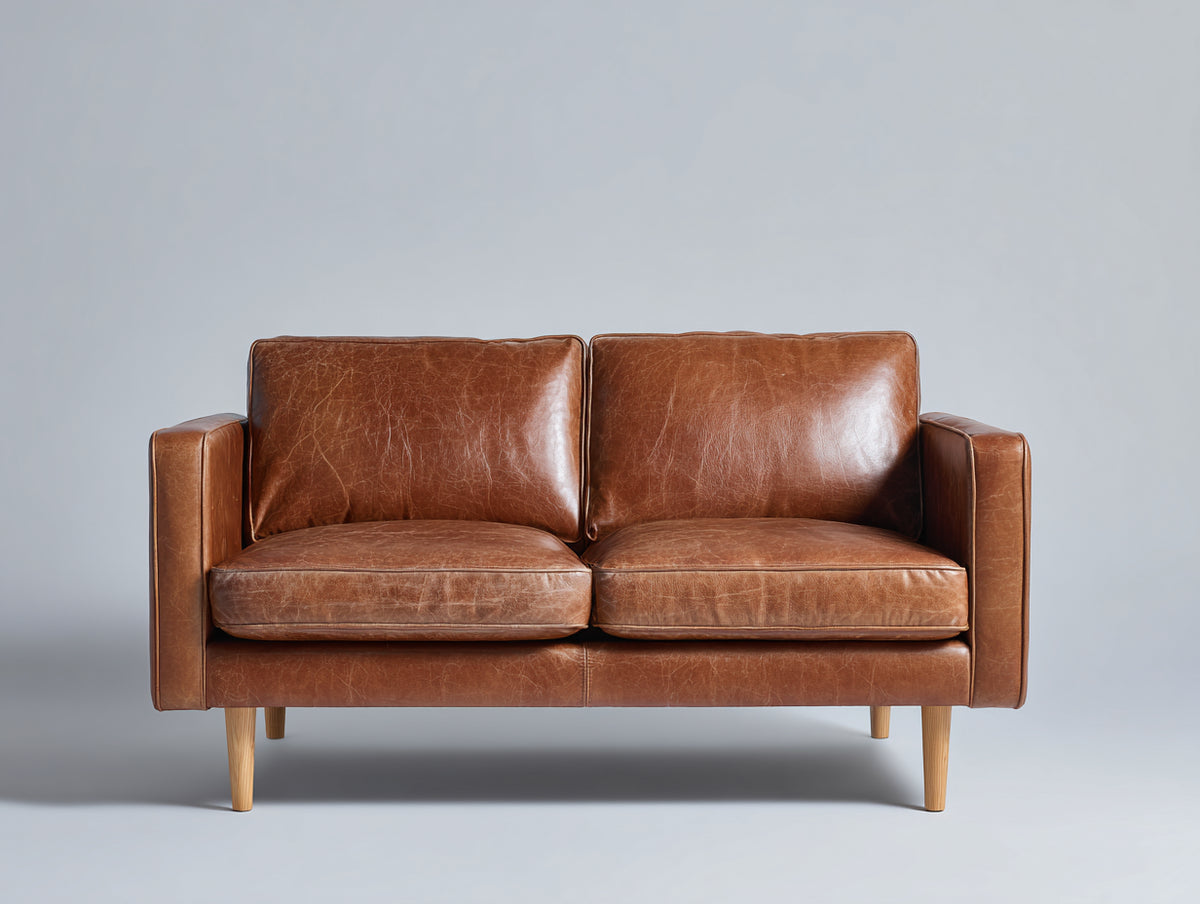 Sofás 2 plazas de cuero 170x88x82 cm - marrón coñac - diseño moderno con patas de madera clara