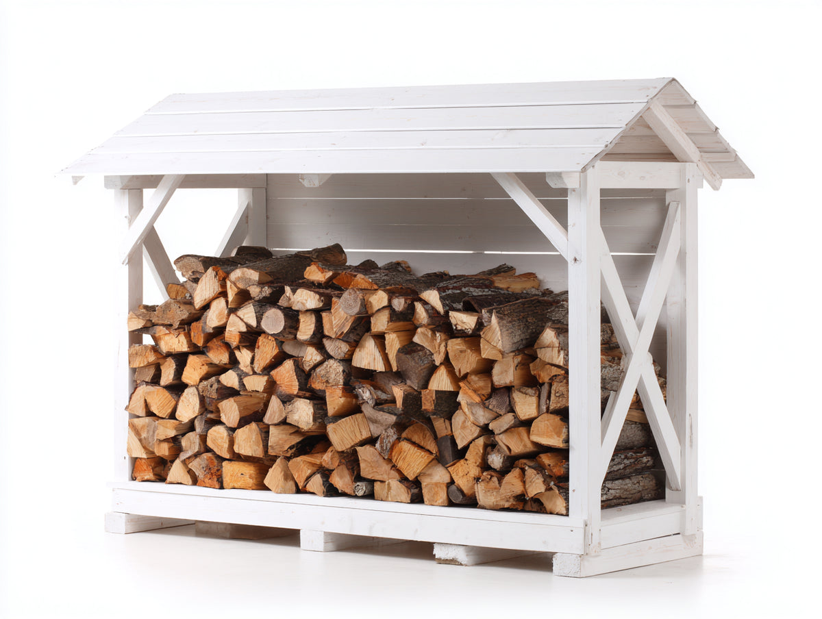 Leñero de exterior - madera - 200 x 80 x 160 cm - blanco - diseño abierto con tejado a dos aguas y refuerzos laterales