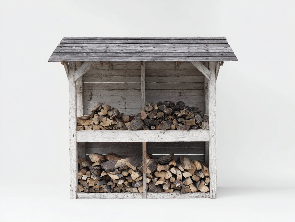Leñero de exterior de madera 150x65x180 cm - blanco envejecido y gris - diseño rústico con tejado inclinado y 2 niveles