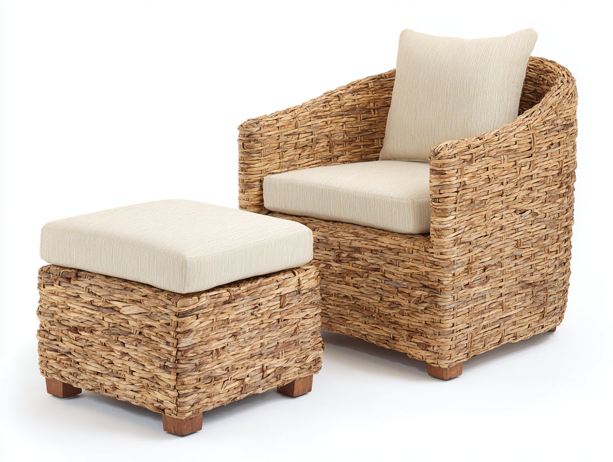 Sillones de ratán tejido 90 x 85 x 88 cm - Marrón miel y blanco crema - Diseño envolvente con reposapiés