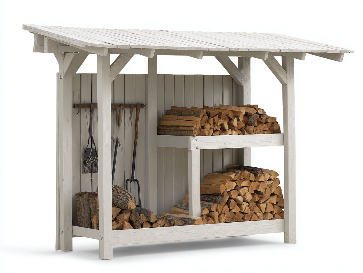 Leñero de exterior de madera 190x75x185 cm - blanco envejecido - diseño rústico con tejado inclinado y 2 niveles