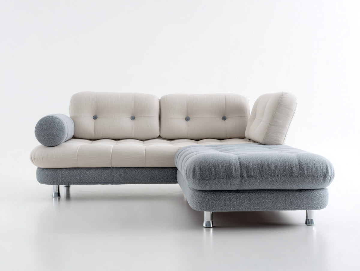 Sofás de esquina de tela 245x160x85 cm - beige claro y azul claro - diseño moderno con chaise longue y capitoné