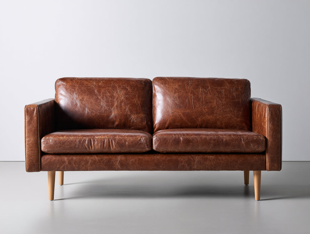 Sofás 2 plazas - cuero sintético y madera - 182 x 87 x 81 cm - marrón coñac-natural - diseño moderno con asiento acolchado