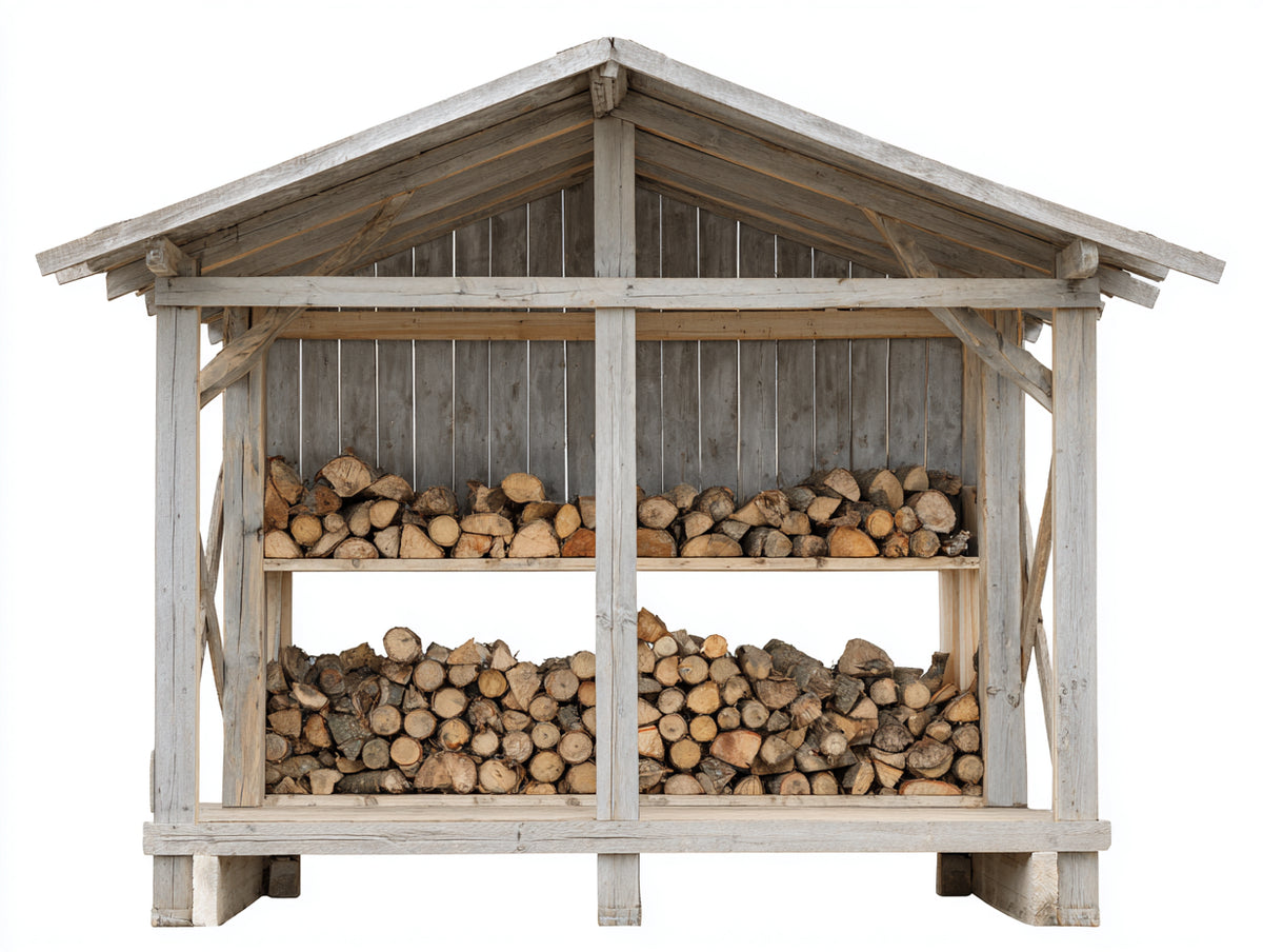 Leñero de exterior de madera 220x90x210 cm - gris envejecido y madera natural - diseño rústico con tejado a dos aguas