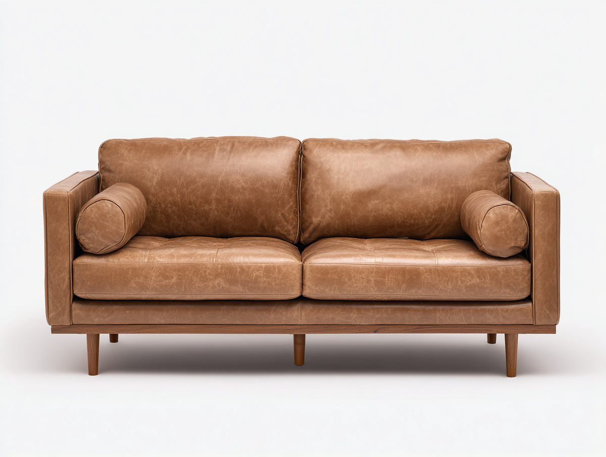 Sofás 2 plazas de cuero 185x90x84 cm - marrón camel - diseño moderno con patas de madera