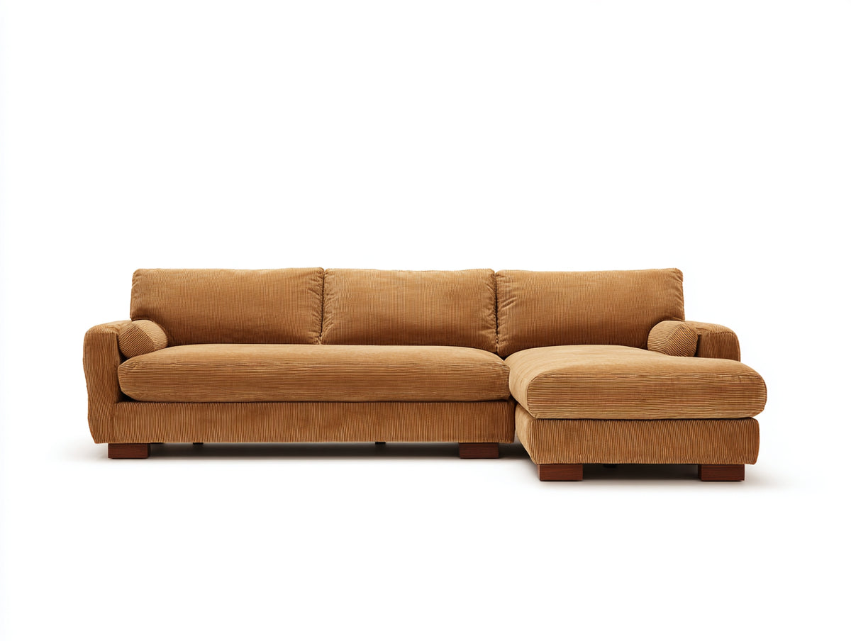 Sofá de esquina modular de pana 330x240x85 cm - Marrón caramelo - Diseño moderno amplio y elegante