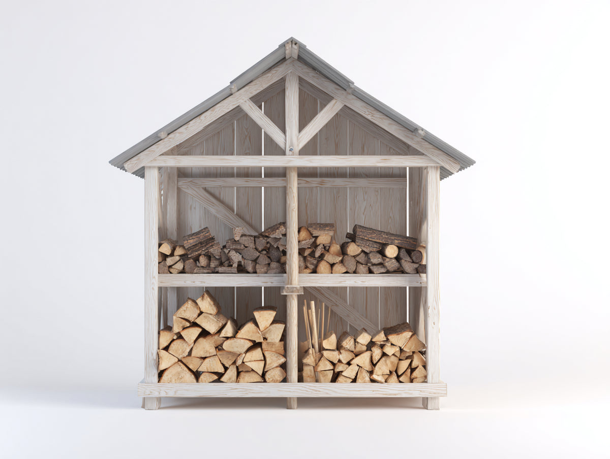 Leñero de exterior de madera 170 x 65 x 190 cm - Blanco envejecido y gris claro - Diseño cubierto con 4 compartimentos