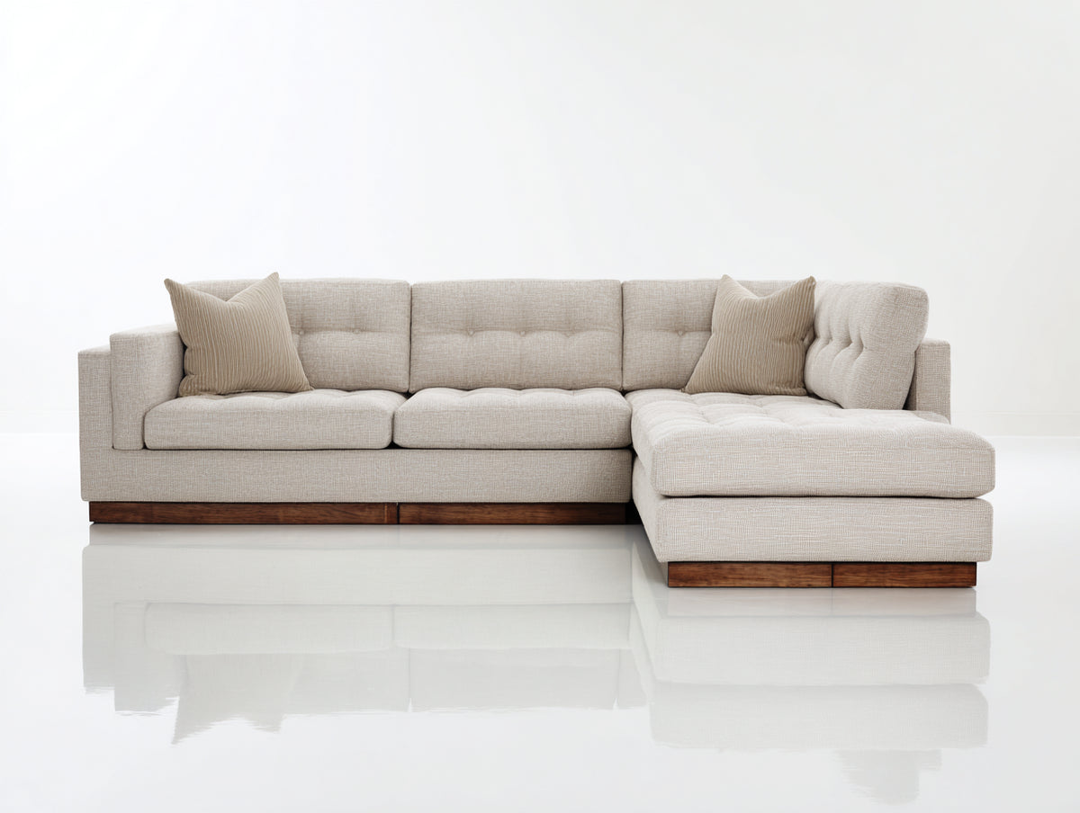 Sofás de esquina tapizado 275 x 210 x 85 cm - Beige claro y marrón - Diseño moderno con chaise longue y base de madera