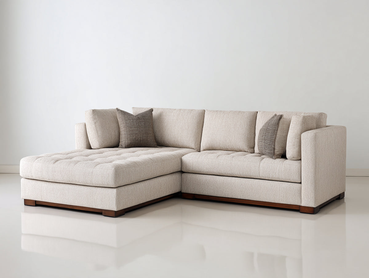Sofás de esquina - tejido y madera - 285 x 220 x 84 cm - beige-marrón - diseño moderno con chaise longue y asiento acolchado