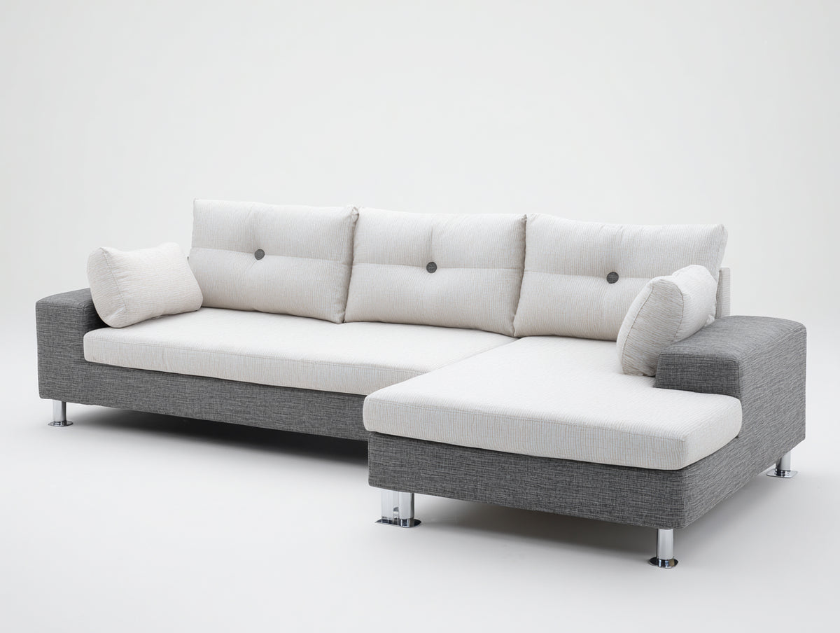 Sofás de esquina - tejido y metal - 290 x 215 x 84 cm - blanco crema-gris - diseño moderno con chaise longue y patas metálicas